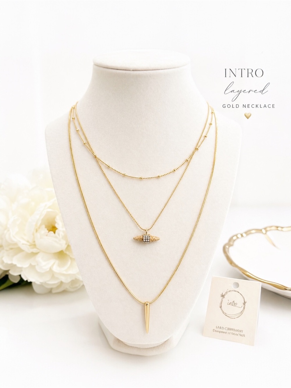 NWT Gold Layered Necklace 3 Tier Dainty Chain Spike Pendant Boho Minimalist